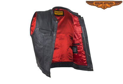 Mens Motorcycle Leather Club Vest With Red Liner