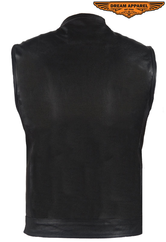 Mens Motorcycle Leather Club Vest With Red Liner