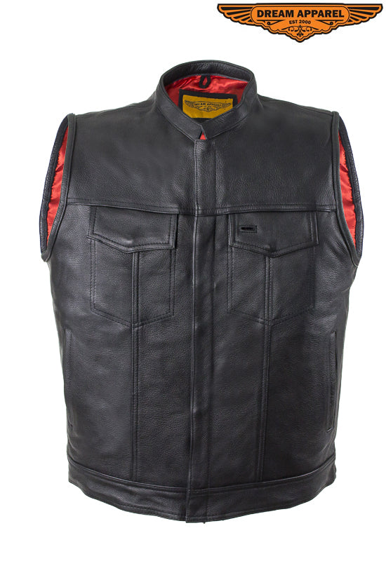 Mens Motorcycle Leather Club Vest With Red Liner