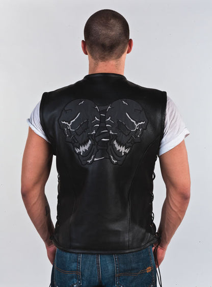 Mens Leather Vest With Reflective Evil Skulls