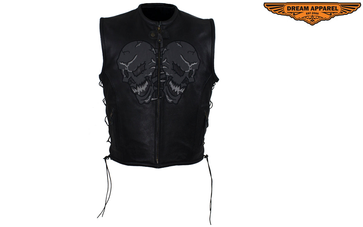 Mens Leather Vest With Skulls On Front & Back