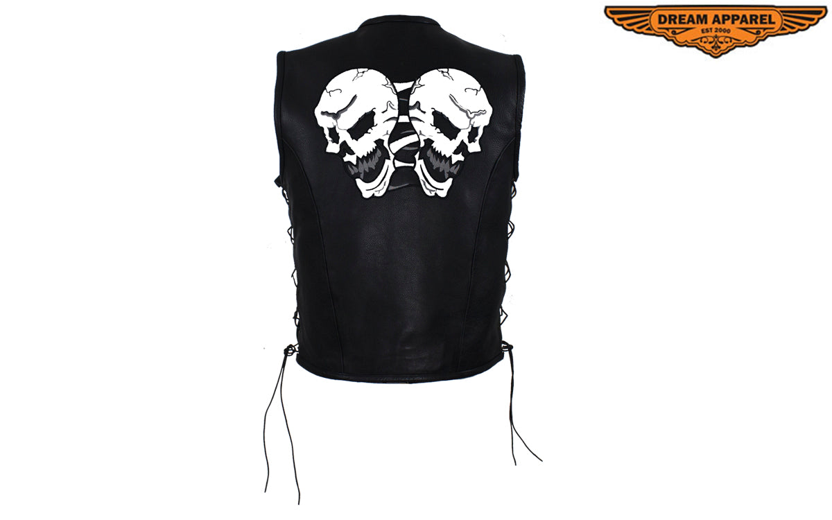 Mens Leather Vest With Skulls On Front & Back