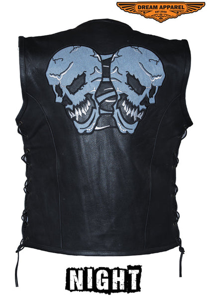 Mens Leather Vest With Skulls On Front & Back