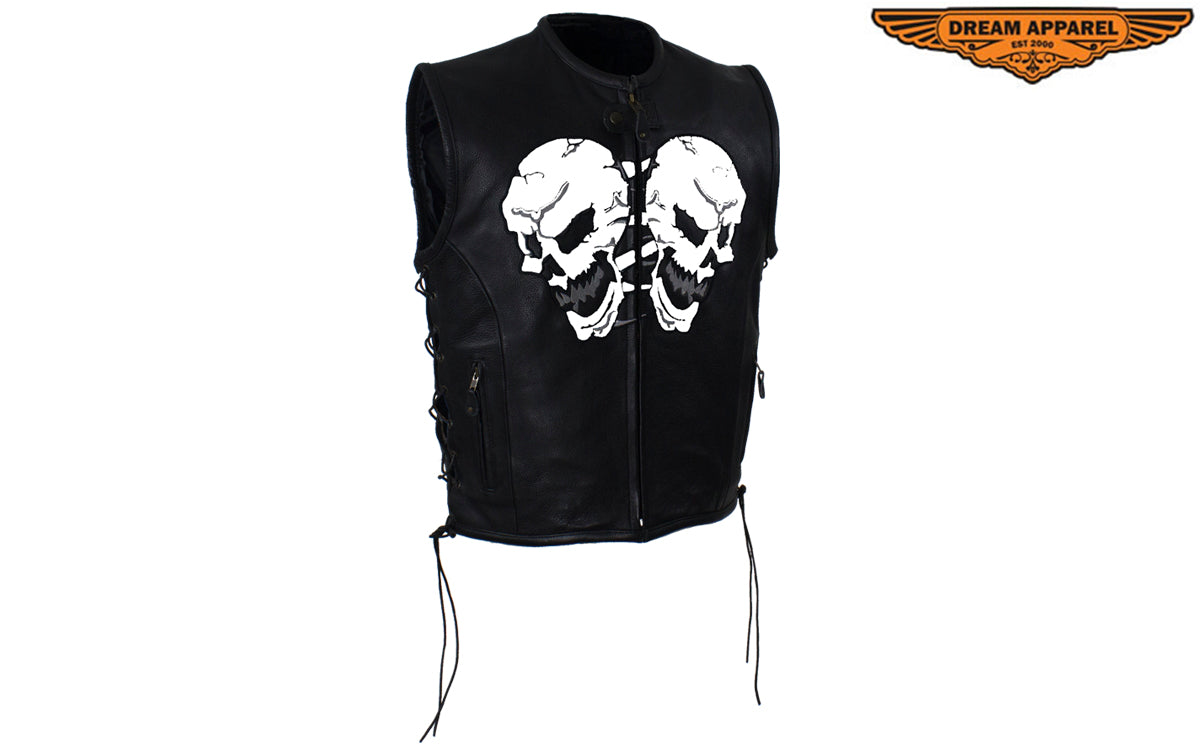 Mens Leather Vest With Skulls On Front & Back