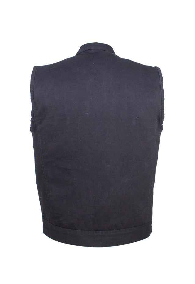 Mens Black Denim Motorcycle CLUB VEST® with Zipper & Button Snap Front Closure, Gun Pockets