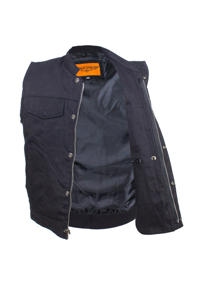 Mens Black Denim Motorcycle CLUB VEST® with Zipper & Button Snap Front Closure, Gun Pockets