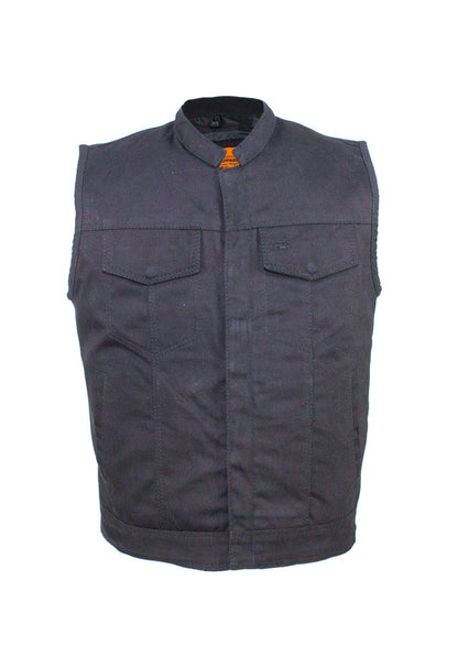 Mens Black Denim Motorcycle CLUB VEST® with Zipper & Button Snap Front Closure, Gun Pockets