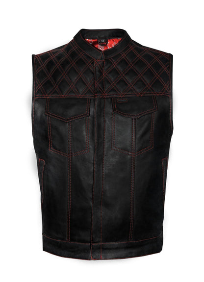 Mens Leather Club Vest Red Thread, Red Paisley Lining, Zipper Front, Diamond Padding