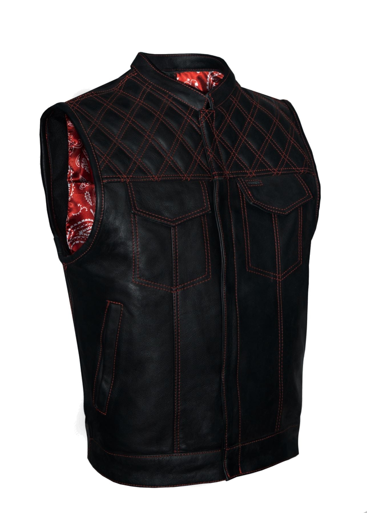 Mens Leather Club Vest Red Thread, Red Paisley Lining, Zipper Front, Diamond Padding