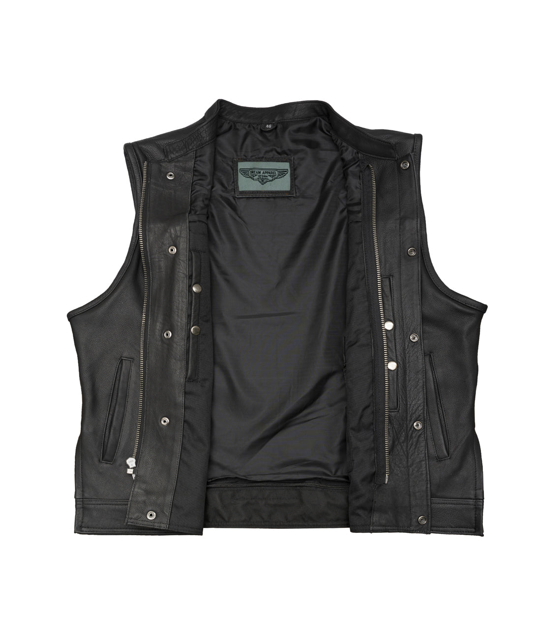 Dream Apparel Mens Motorcycle CLUB VEST Cowhide Leather, Zipper Front, Concealed Front Snaps