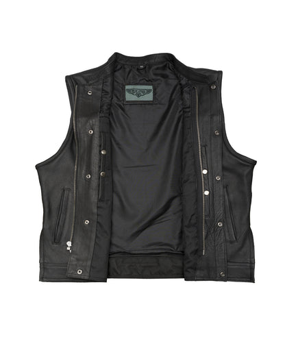 Dream Apparel Mens Motorcycle CLUB VEST Cowhide Leather, Zipper Front, Concealed Front Snaps