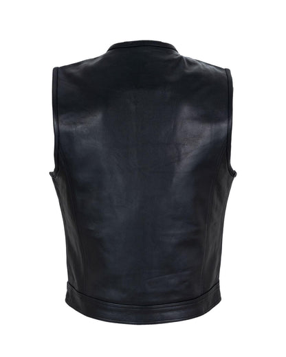 Mens No Collar Leather Motorcycle Club Vest with Red Liner Premium Cowhide Leather