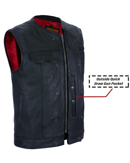 Mens Zippered No Collar Leather Motorcycle Club Vest with Red Liner Quick Draw Conceal Pockets