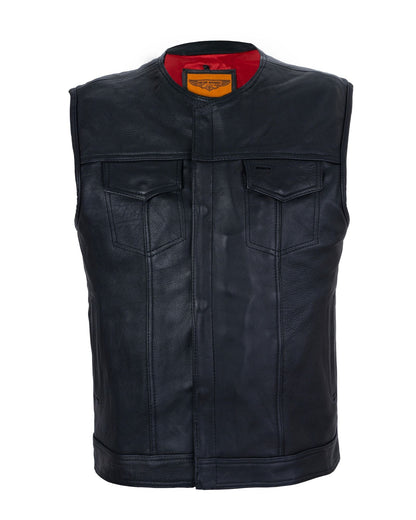 Mens Zippered No Collar Leather Motorcycle Club Vest with Red Liner Quick Draw Conceal Pockets