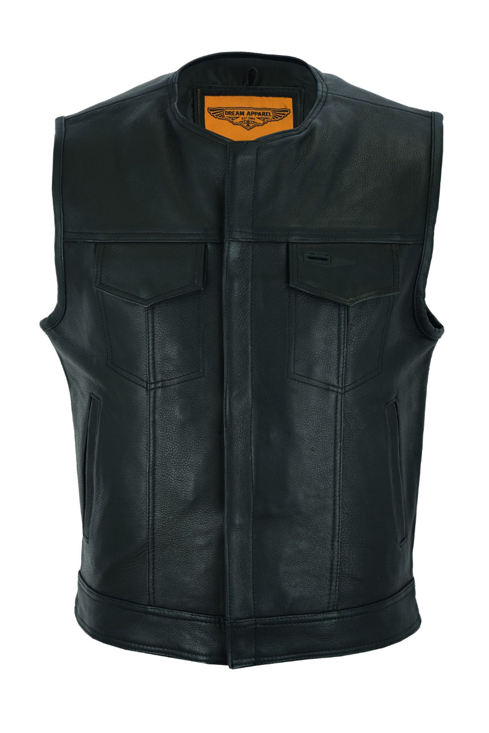 Dream Apparel Mens Motorcycle Collarless CLUB VEST® with Black Liner & Zipper Front Closure