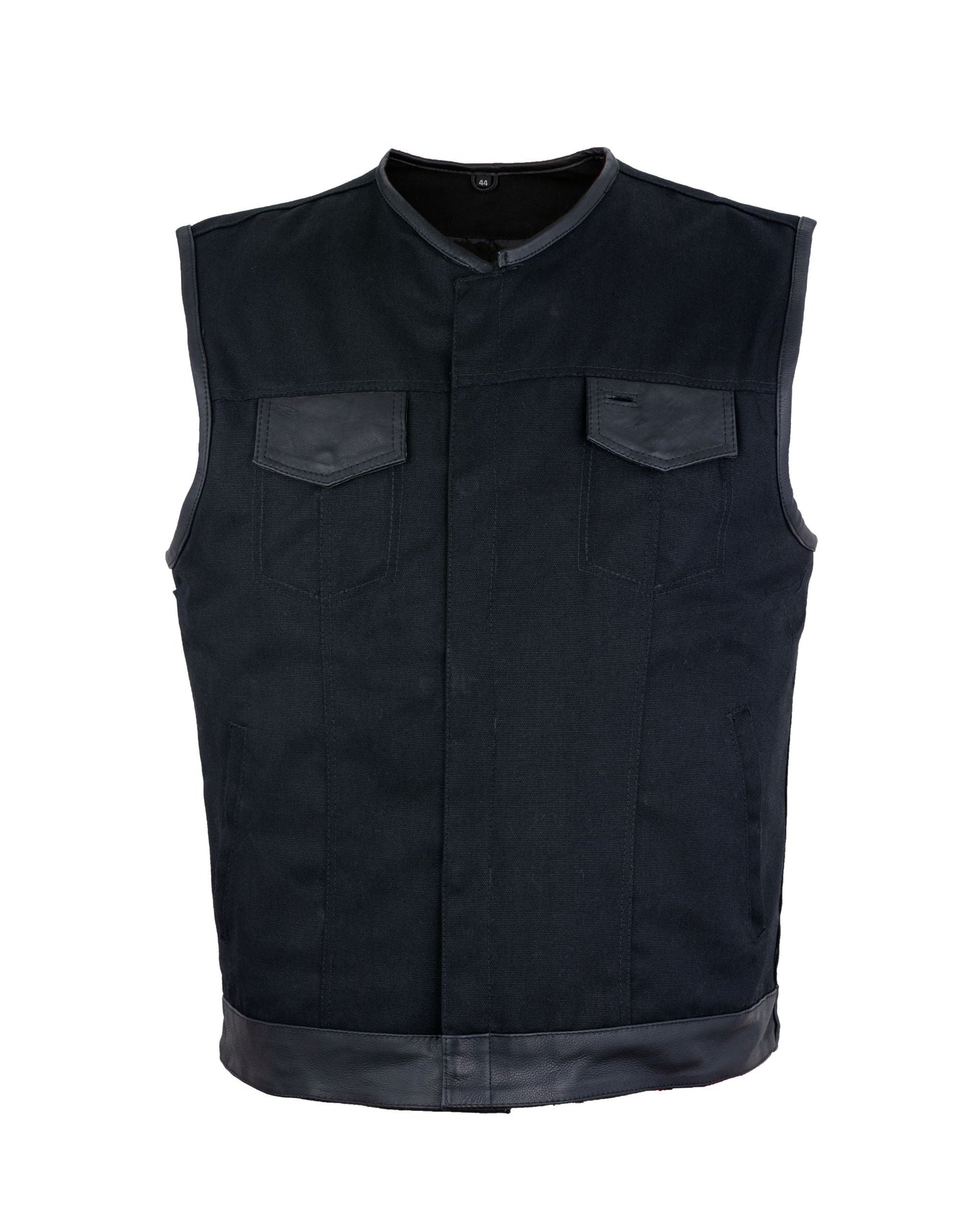 Mens Black Denim Biker Vest With Leather Trims & Front Zipper