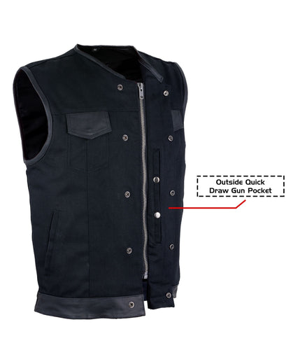 Mens Black Denim Biker Vest With Leather Trims & Front Zipper