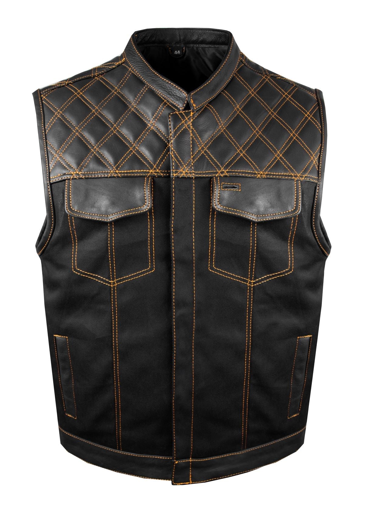 Mens Black Denim & Leather Motorcycle Club Vest Orange Thread Zipper Front, Diamond Padding