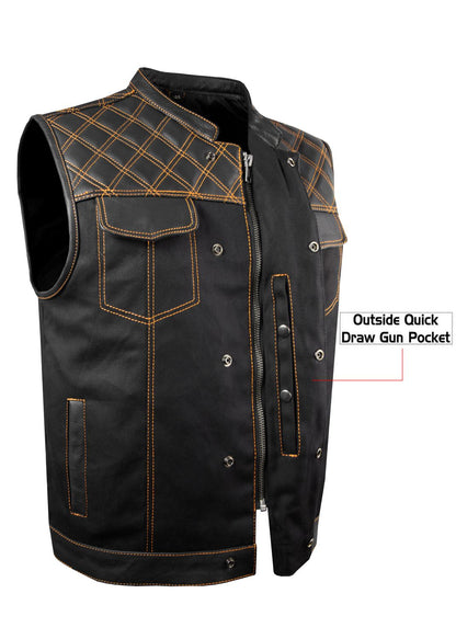 Mens Black Denim & Leather Motorcycle Club Vest Orange Thread Zipper Front, Diamond Padding