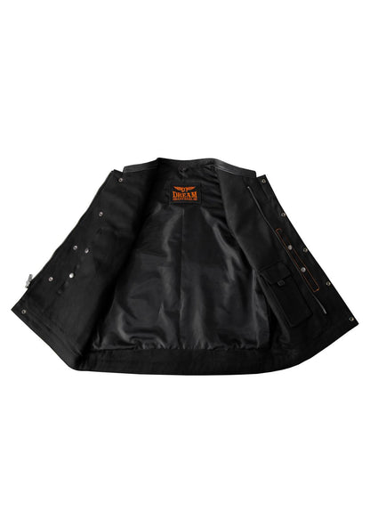 Mens Black Denim & Leather Motorcycle Club Vest Orange Thread Zipper Front, Diamond Padding