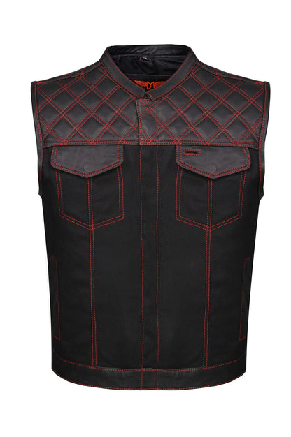 Mens Black Denim & Leather Motorcycle Club Vest Red Thread Zipper Front, Diamond Padding