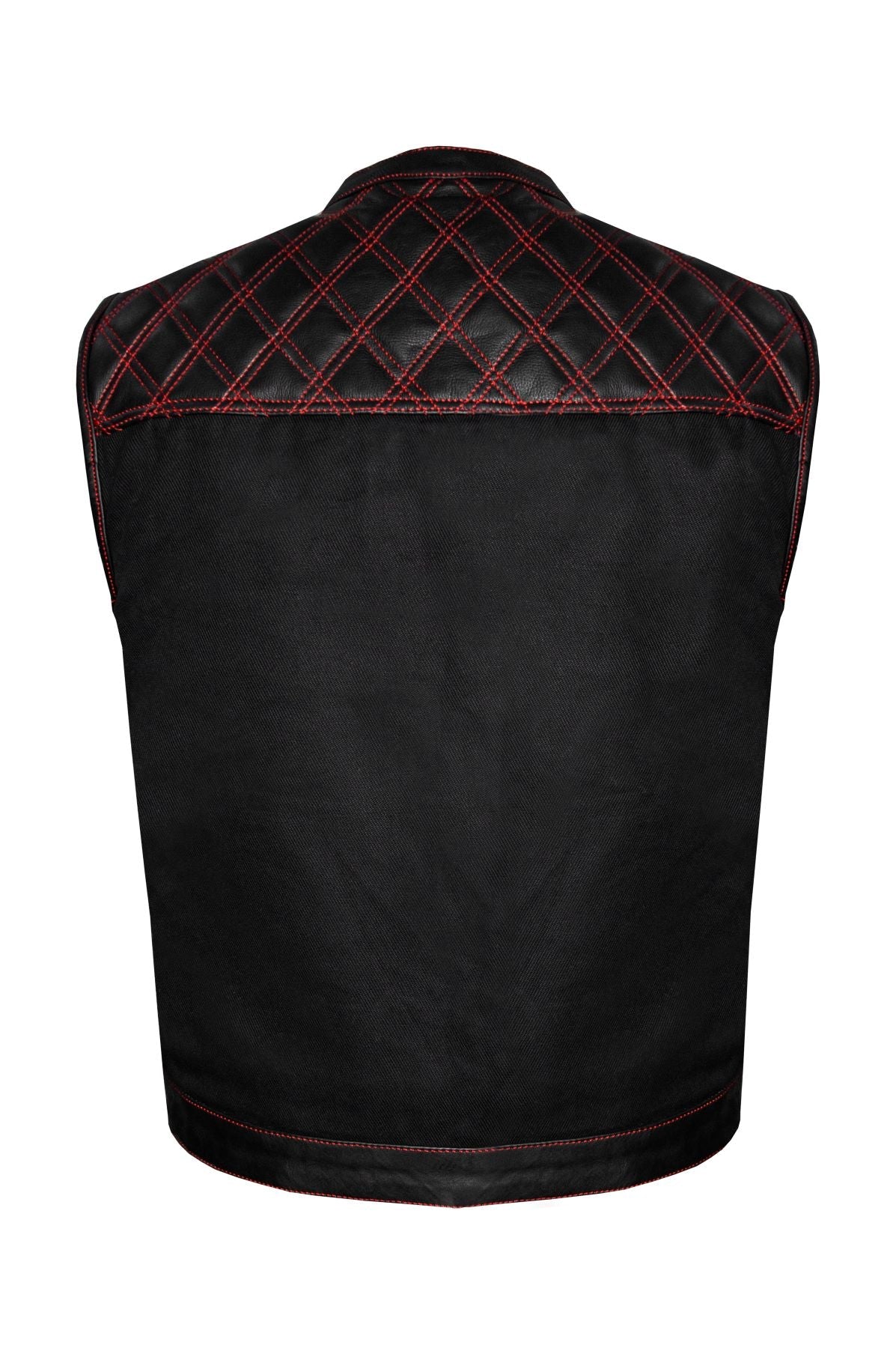 Mens Black Denim & Leather Motorcycle Club Vest Red Thread Zipper Front, Diamond Padding