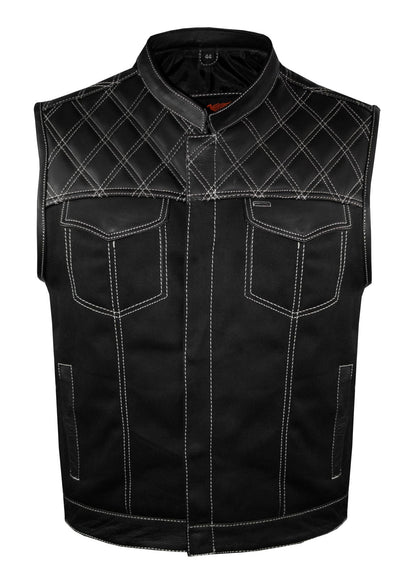 Mens Black Denim & Leather Motorcycle Club Vest White Thread Zipper Front, Diamond Padding