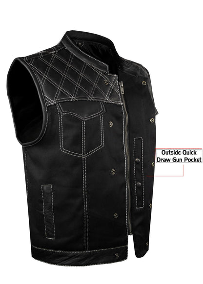 Mens Black Denim & Leather Motorcycle Club Vest White Thread Zipper Front, Diamond Padding