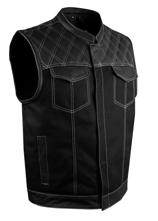 Mens Black Denim & Leather Motorcycle Club Vest White Thread Zipper Front, Diamond Padding