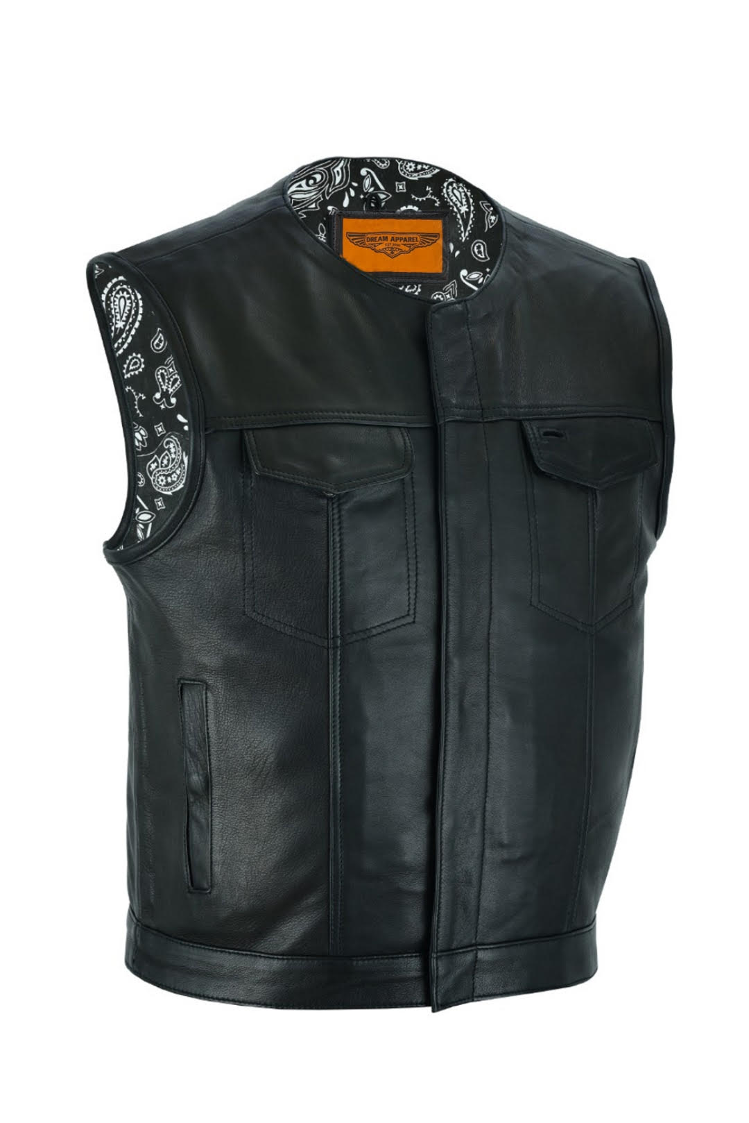 Mens No Collar Club Vest Black Paisley Liner, Front Zipper, Concealed Carry Pockets