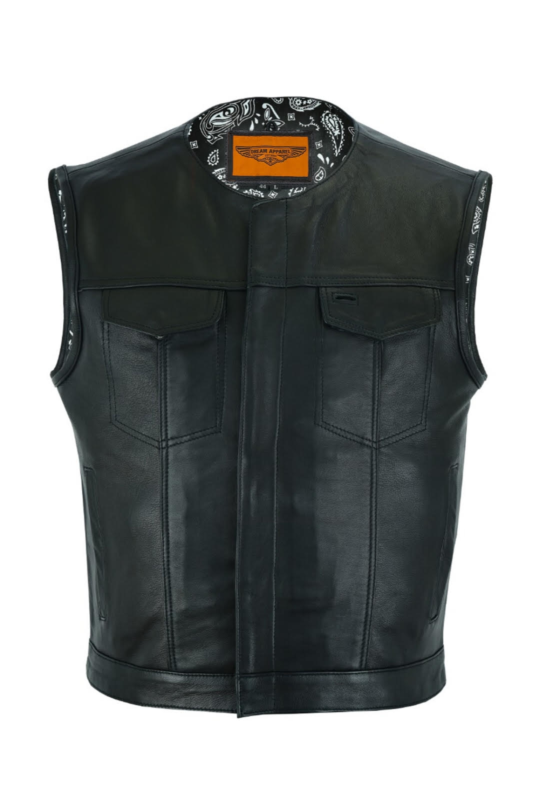 Mens No Collar Club Vest Black Paisley Liner, Front Zipper, Concealed Carry Pockets