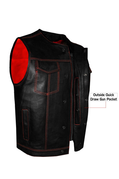 Mens SOA Vest Tripple Red Thred Club Vest, Concealed Gun Pockets, Red Lining