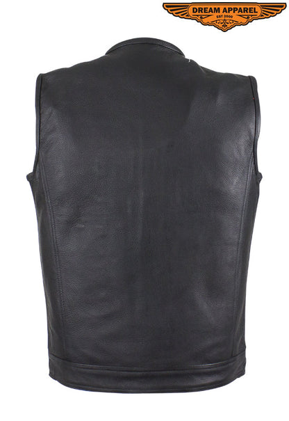 Mens No Collar Leather Motorcycle Club Vest with Red Liner