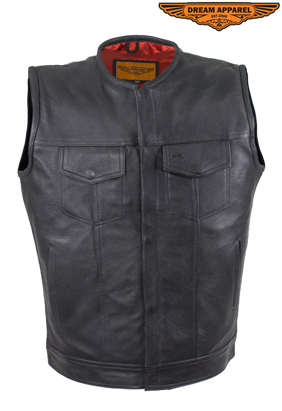 Mens No Collar Leather Motorcycle Club Vest with Red Liner