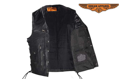 Mens Leather Vest With Gun Pocket & 12 Pockets