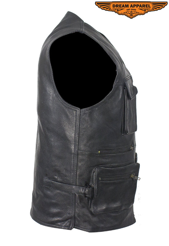 Mens Leather Cargo Vest With 9 Pockets