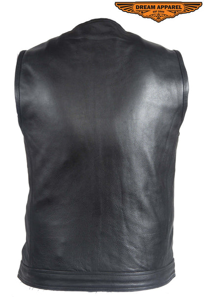 Mens No Collar Leather Motorcycle Club  Vest With Black Liner