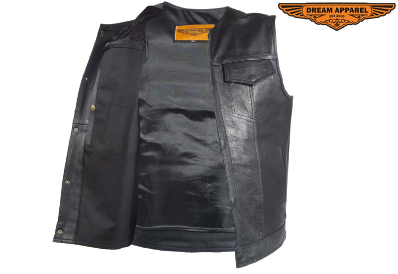 Mens No Collar Leather Motorcycle Club  Vest With Black Liner