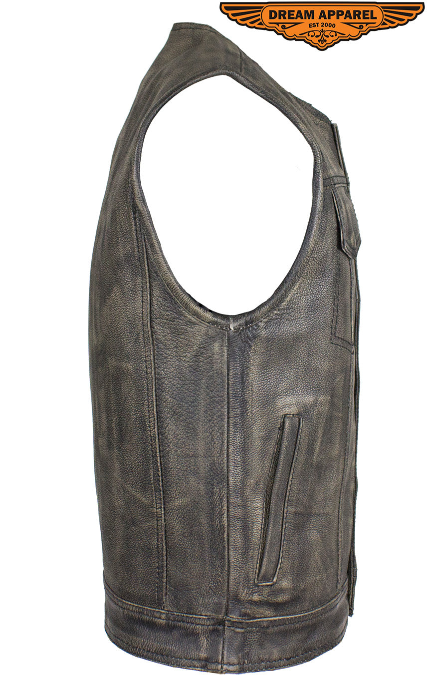 Mens Distressed Brown Leather Motorcycle Club Vest With Zipper & No Collar