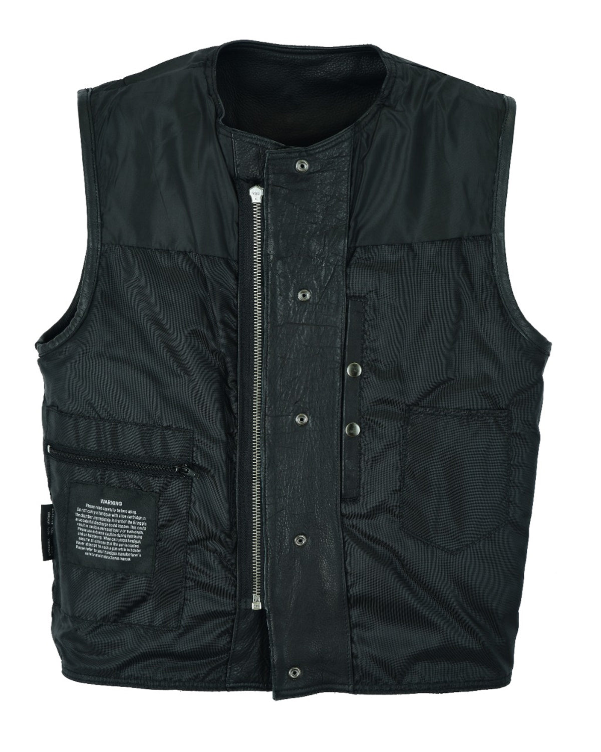 Mens Leather Motorcycle Club Vest With Zipper & No Collar