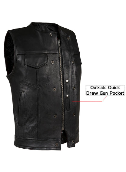 Mens Leather Motorcycle Club Vest With Zipper & No Collar