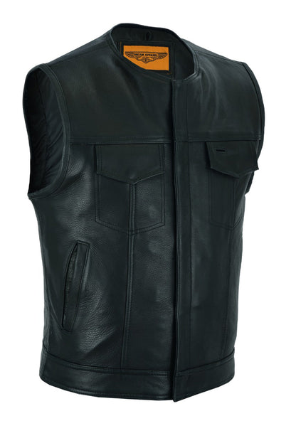 Mens Leather Motorcycle Club Vest With Zipper & No Collar