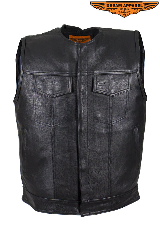 Mens Leather Motorcycle Vest No Collar Concealed Carry Gun Pockets