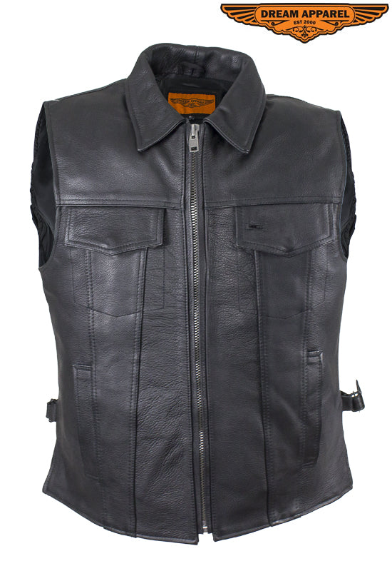 Mens Motorcycle Club Leather Vest With Fold Collar & Hidden Snaps