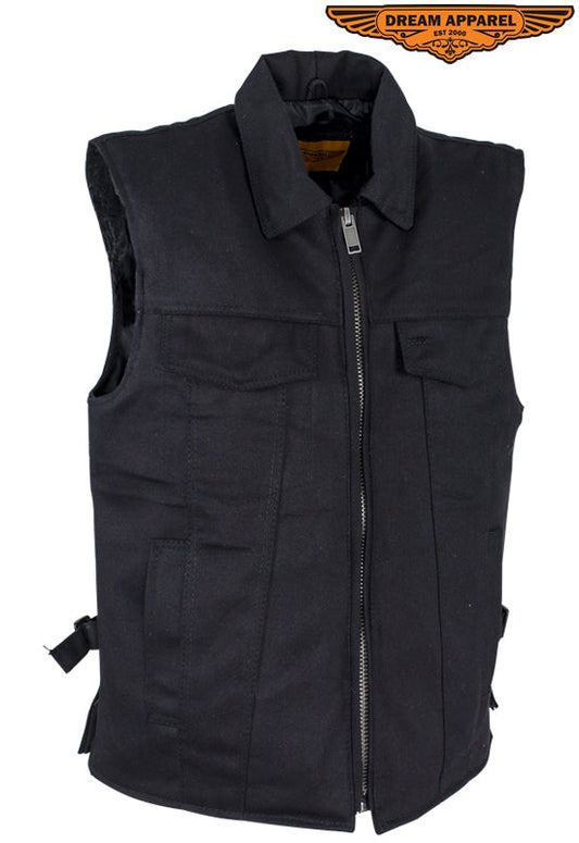 Dream Apparel Men’s Black Denim Motorcycle Club Vest with Folded Collar & Hidden Snaps