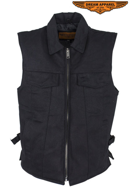 Dream Apparel Men’s Black Denim Motorcycle Club Vest with Folded Collar & Hidden Snaps