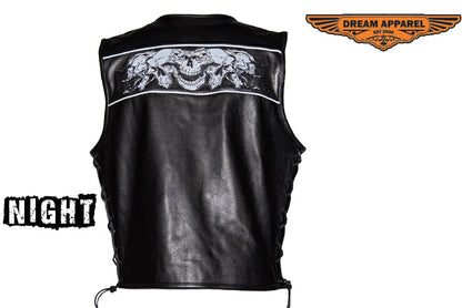 Mens Leather Vest With Reflective Skulls & Conceal Carry Pockets