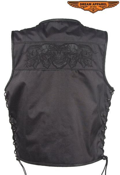 Mens Black Textile Motorcycle Vest With Reflective Skulls Across Chest & Back