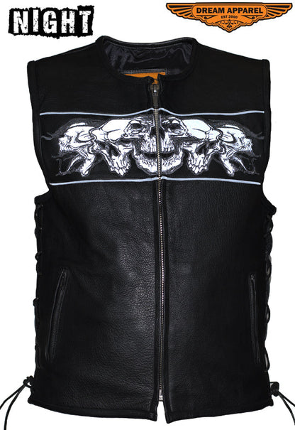 Mens Leather Vest With Reflective Skulls & Conceal Carry Pockets