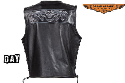 Mens Leather Vest With Reflective Skulls & Conceal Carry Pockets